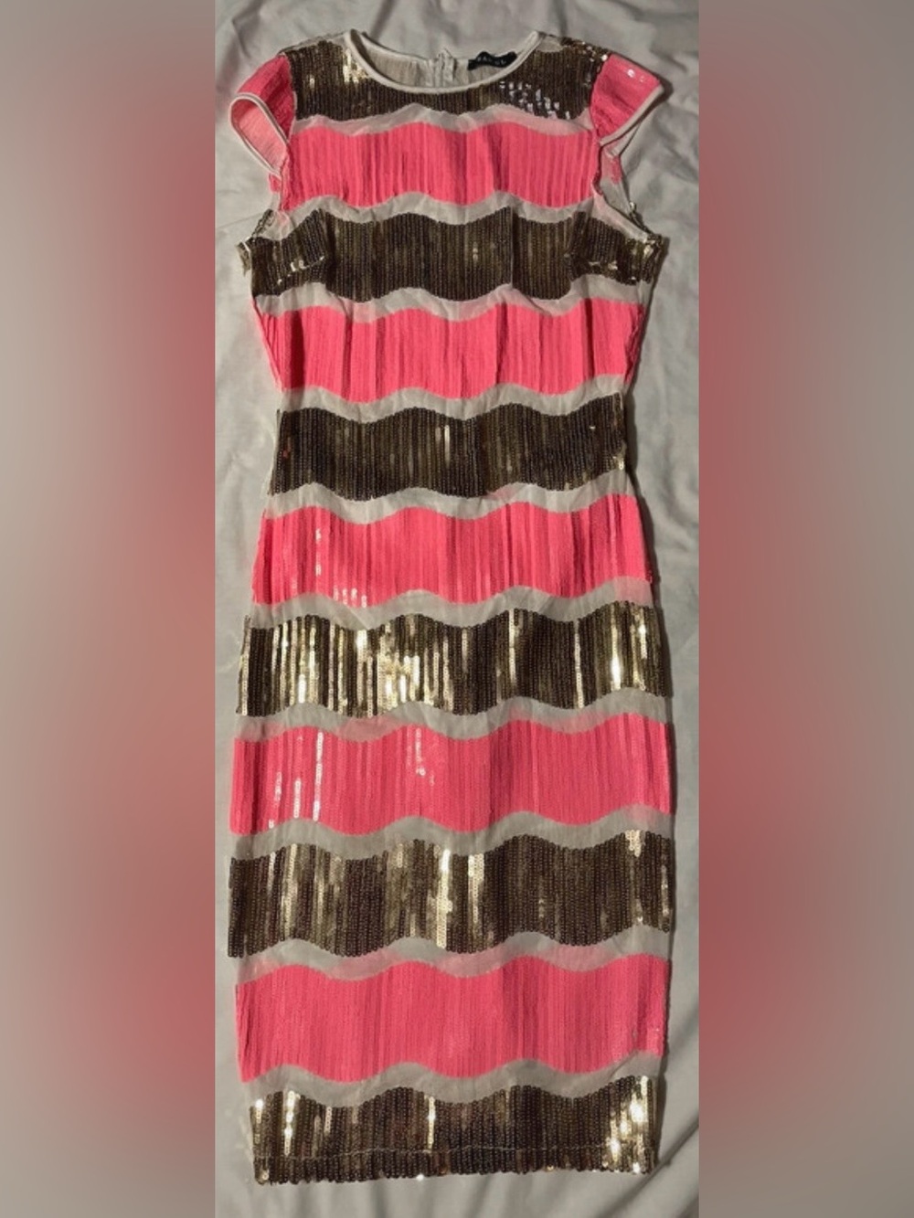 Banjul Transparent Pink and Gold Sequin Body Con Dress Size M